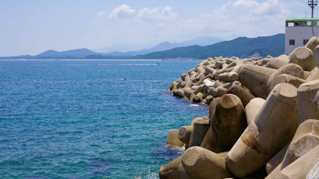 Concrete Tetrapods line the coast near Geojin Port, serving as a sturdy breakwater against the East Sea's waves.