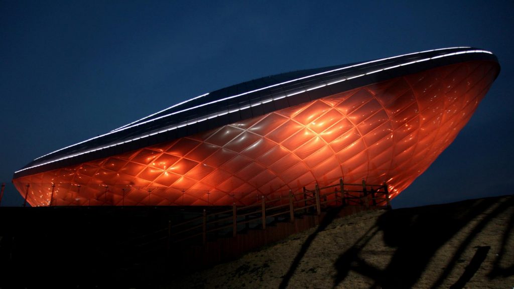 A picture of The ARC Cultural Center (디아크문화관) along the Nakdonggang Bike Path and Nakdong River in Daegu, South Korea.