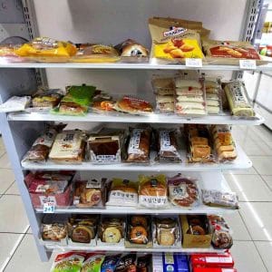 A picture of sweet bread options in a Korean convenience store.