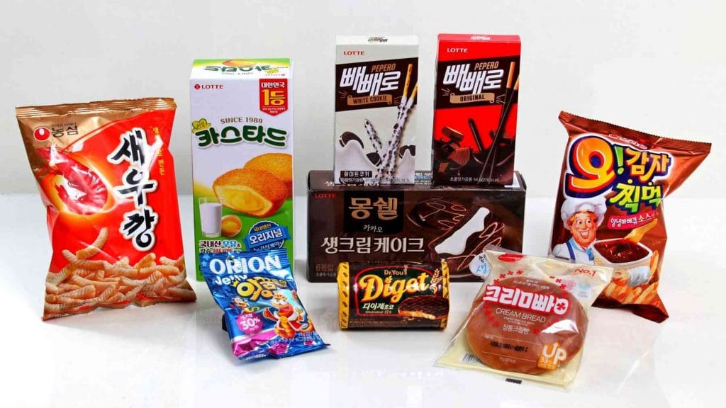 A picture of chips and sweets from a convenience store in South Korea.
