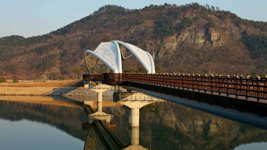 A picture of Gyeongcheon Bridge leading to Gyeongcheon Island Park near Sangju City, South Korea.
