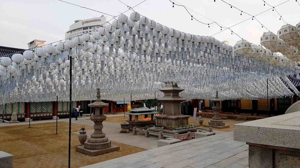 Lanterns hang over the courtyard at at Bongeunsa Temple in Gangnam.