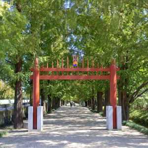 A red hongsalmun gate marks the entrance to Metasequoia Road.