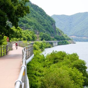 Cycling boardwalks hovering over the Nakdong River populated bike path in Miryang City’s Samrangjin Town.