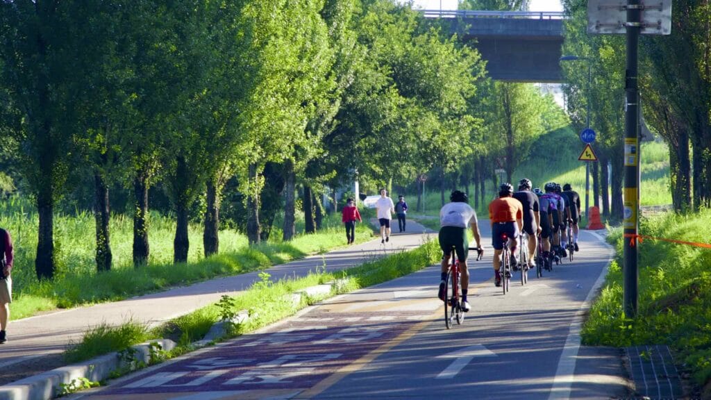 A picture of cyclists in Gwangnaru Hangang Park (광나루한강공원) in Seoul, South Korea.