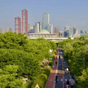 A picture of the National Assembly Building and the Yeouido Skyline from Yanghwa Hangang Park (양화한강공원) in Seoul, South Korea.