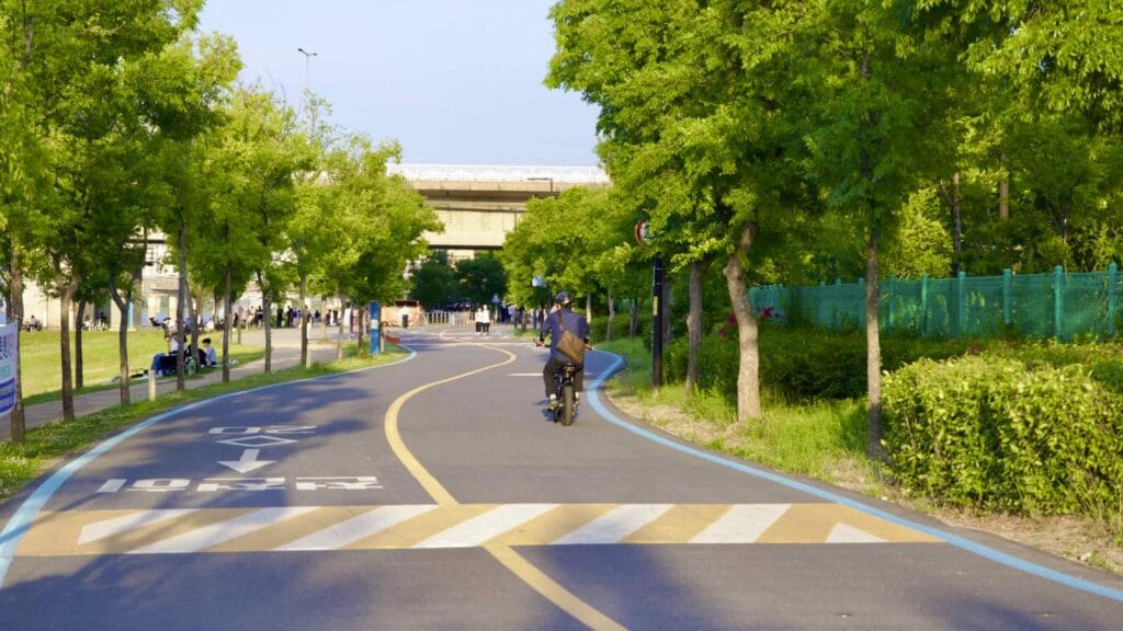 A picture of cycling paths in Yeouido Hangang Park (여의도한강공원) in Seoul, South Korea.
