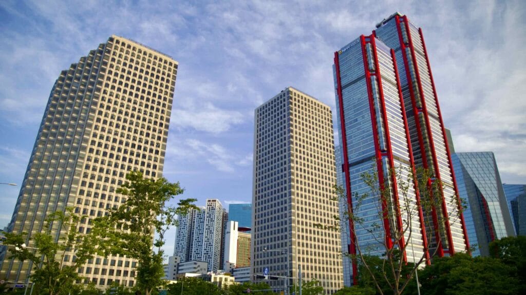 A picture of the Parc1, Three IFC, and other skyscrapers on in Yeouido (여의도) in Seoul, South Korea.