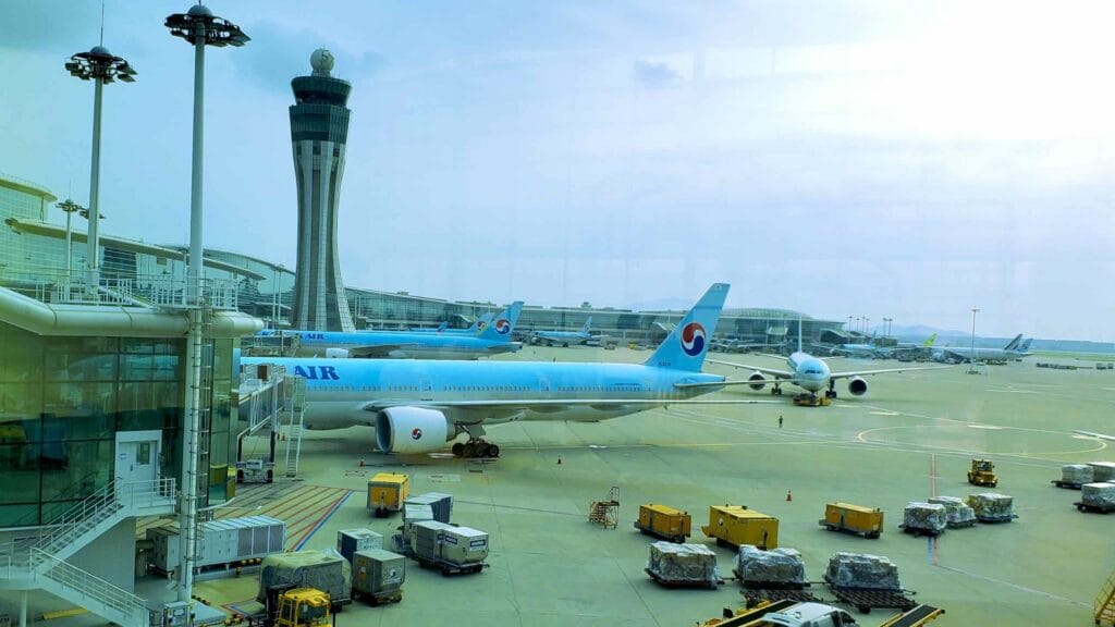 A picture of airplanes waiting to take off from Terminal 2 at Incheon International Airport in Incheon, South Korea.