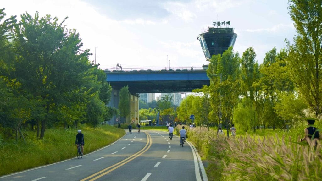 A picture of the Dongjak Bridge (동작대교) and its observatories in Banpo Hangang Park (반포한강공원) in Seoul, South Korea.