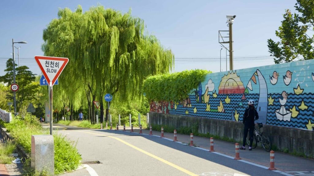 A picture of a mural along the bike path in Ttukseom Hangang Park (뚝섬한강공원) in Seoul, South Korea.