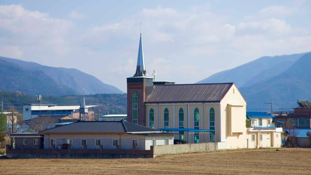 A picture of Dogae Central Church (도개중앙교회) along the Nakdonggang Bike Path in Gumi City, South Korea.