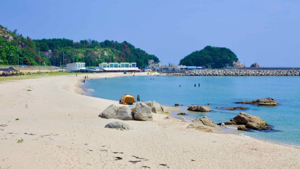 The sandy northern tip of Gonghyeonjin Beach, near Gajin Port, features a serene setting with a smattering of people enjoying the water.