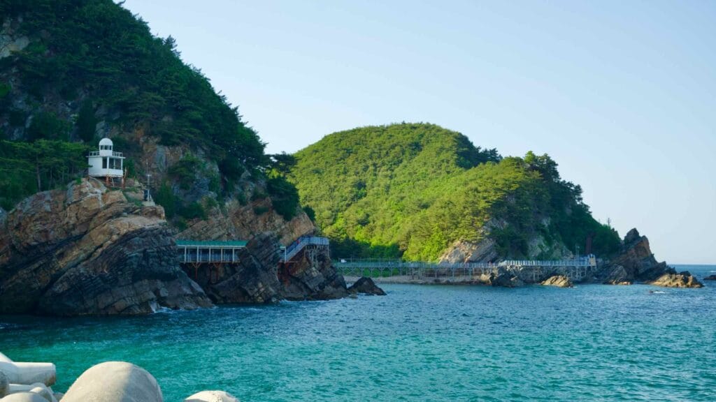 A view of the Jeongdong Simgok Sea Fan Road, showcasing the scenic elevated walkway along the rocky coastline.