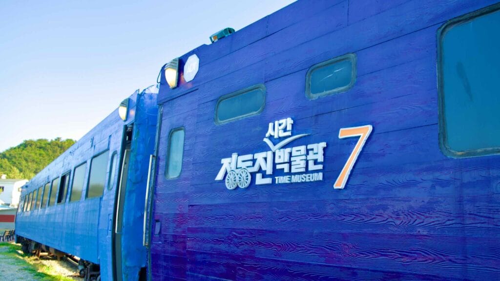 The blue train car at the Jeongdongjin Time Museum stands as a captivating exhibit.