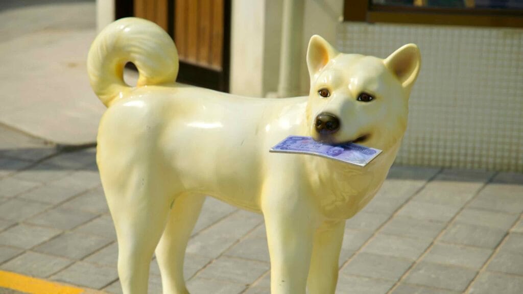 A sculpture of a dog holding money in its mouth at Jangsaengpo Whale Culture Village. This playful detail adds charm to the historical setting.