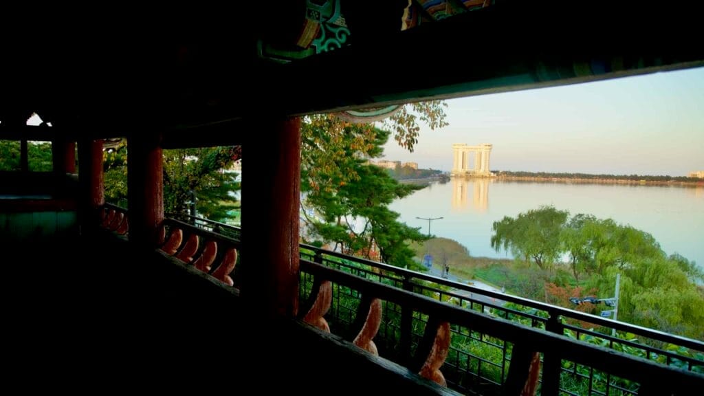 A view from Gyeongpodae Pavilion, looking out over Gyeongpo Lake.