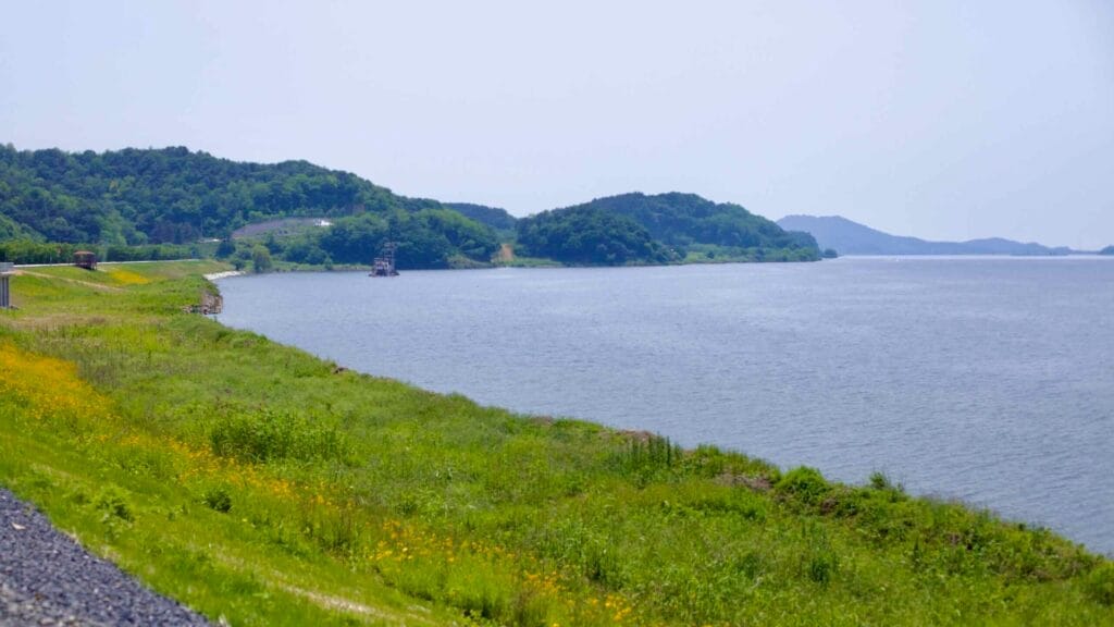 A peaceful riverside landscape along the Geum River, with lush green vegetation, yellow