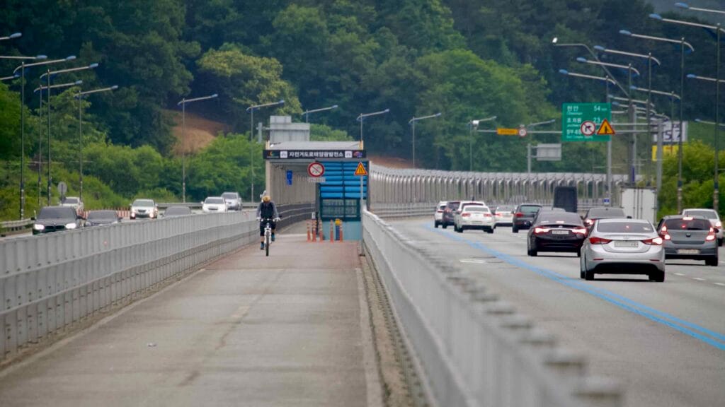 A cyclist rides along the dedicated bike path on North Star Road.