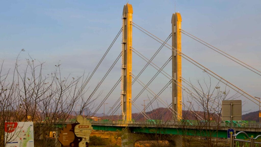 The Daecheong Bridge, a cable-stayed structure, spans the Geum River.