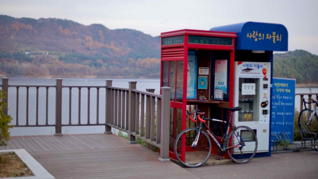 A certification booth at Daecheong Dam, where cyclists stamp their bike passports along the Geumgang Bicycle Path.
