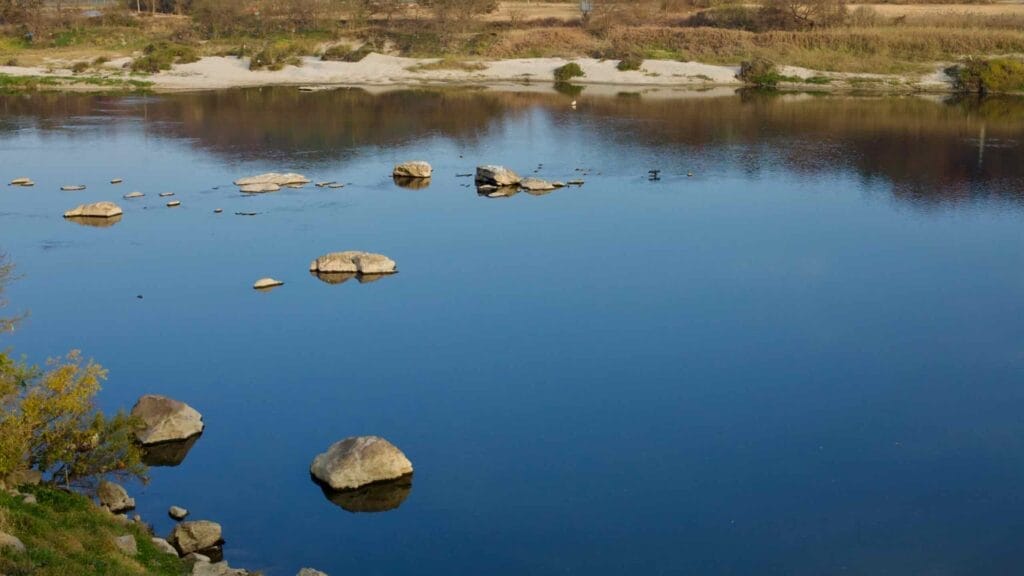 Large rocks emerge from the calm surface of the Geum River, creating a peaceful natural scene with gentle reflections in the water.