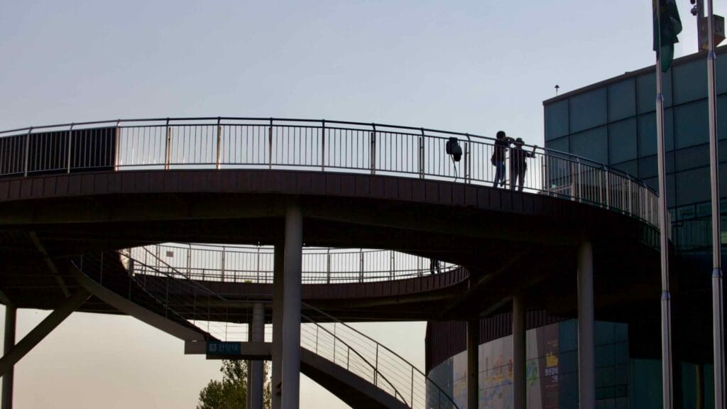 The circular observation deck at the Yeongsangang River Culture Pavilion.