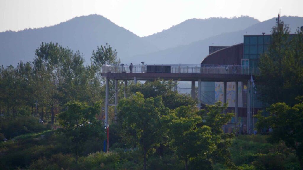 The circular observation platform at the Yeongsangang River Cultural Center.