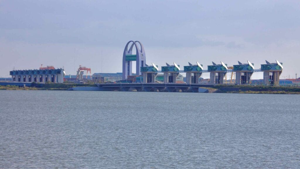 The Yeongsan River Estuary Bank with its drainage gates and the Landmark Tower.