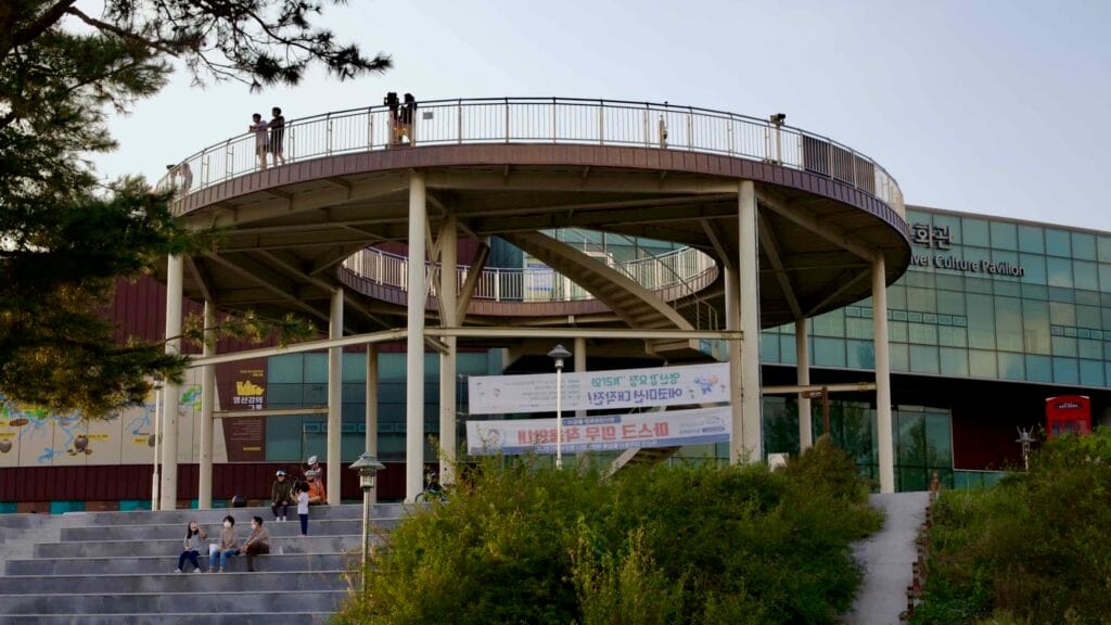 Circular observation deck at Yeongsangang River Culture Pavilion offers panoramic views.