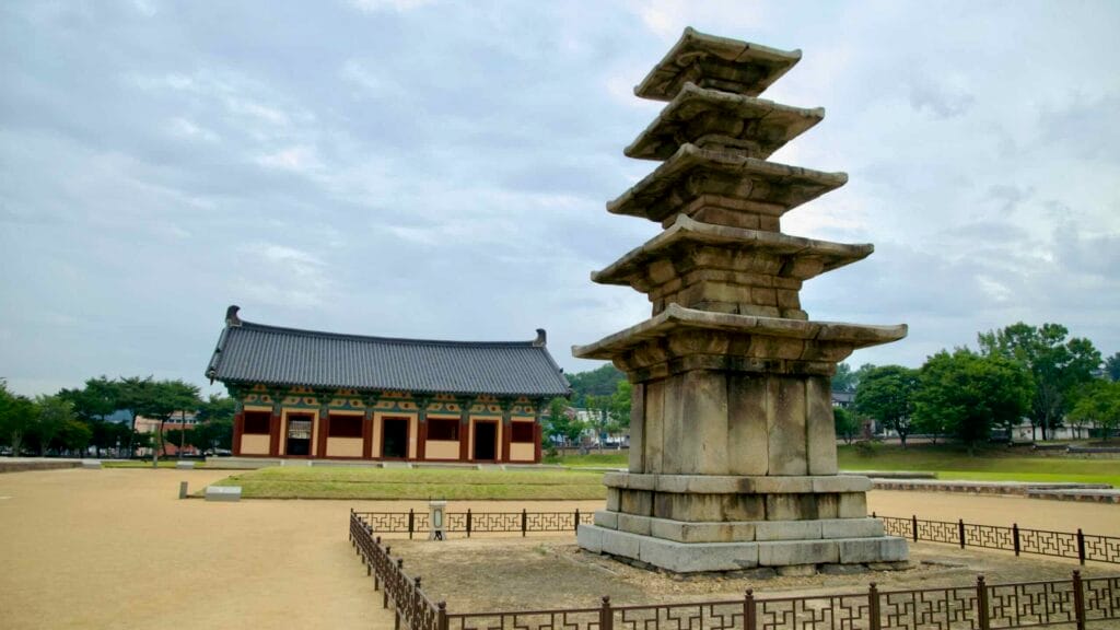 The Five-story Stone Pagoda at Jeongnimsa Temple Site highlights its layered structure.