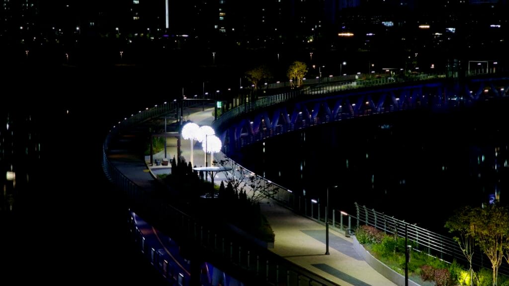 A section of the Geumgang Pedestrian Bridge features glowing tree-shaped light sculptures.