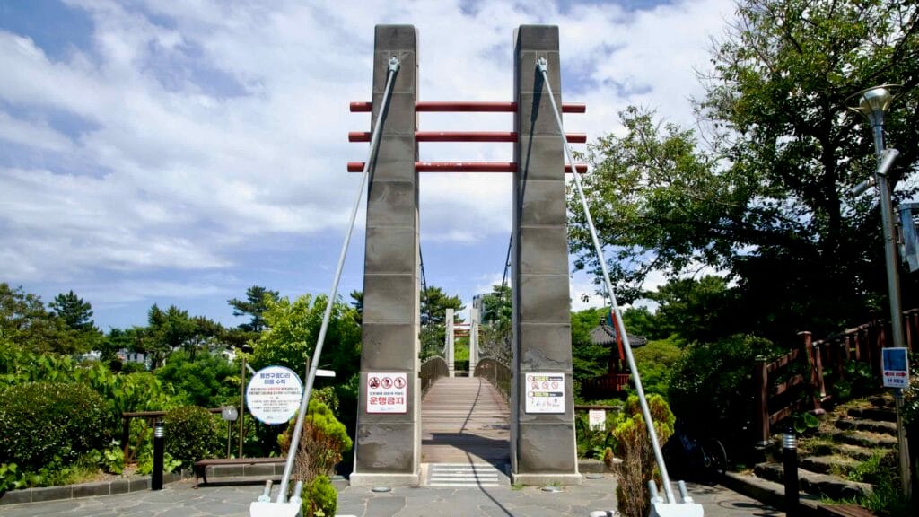 Entrance towers and cables at Yongyeon Cloud Bridge, Jeju City.
