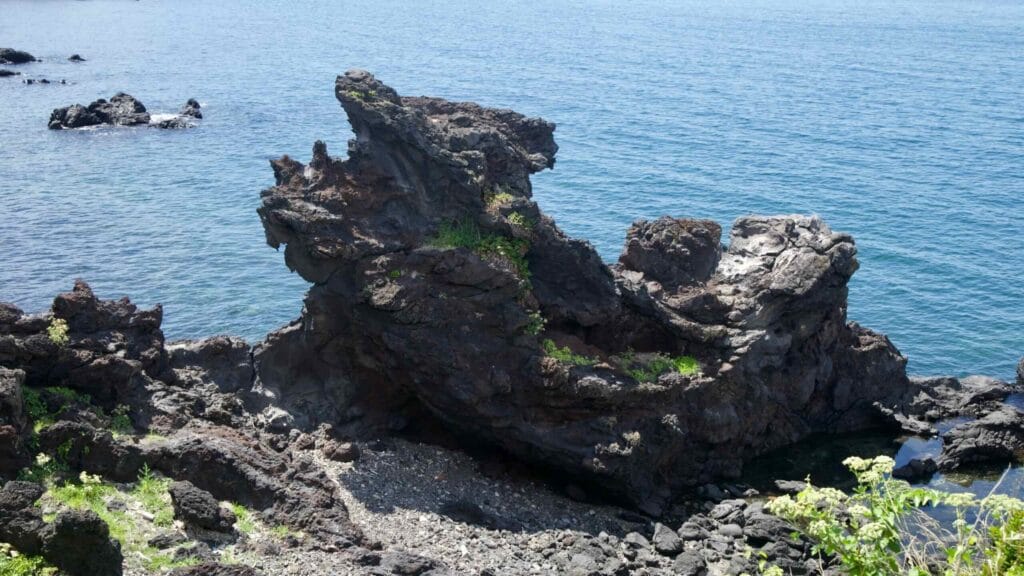 Close view of Yongduam (Dragon Head Rock) on Jeju’s north shore.