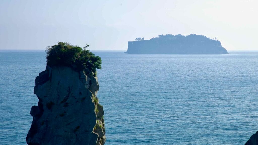 Close view of Oedolgae with shrubs on top and Munseom beyond.