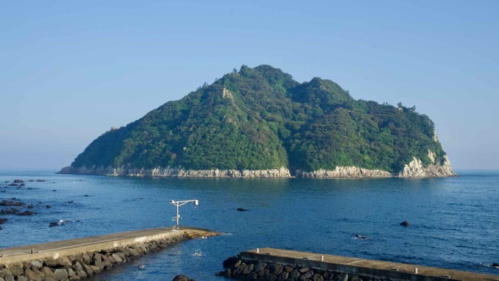 Forested Seopseom Island stands off Seogwipo with pale sea cliffs.