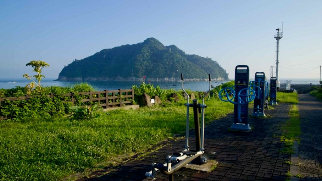 Outdoor gym equipment faces Seopseom Island across the water.