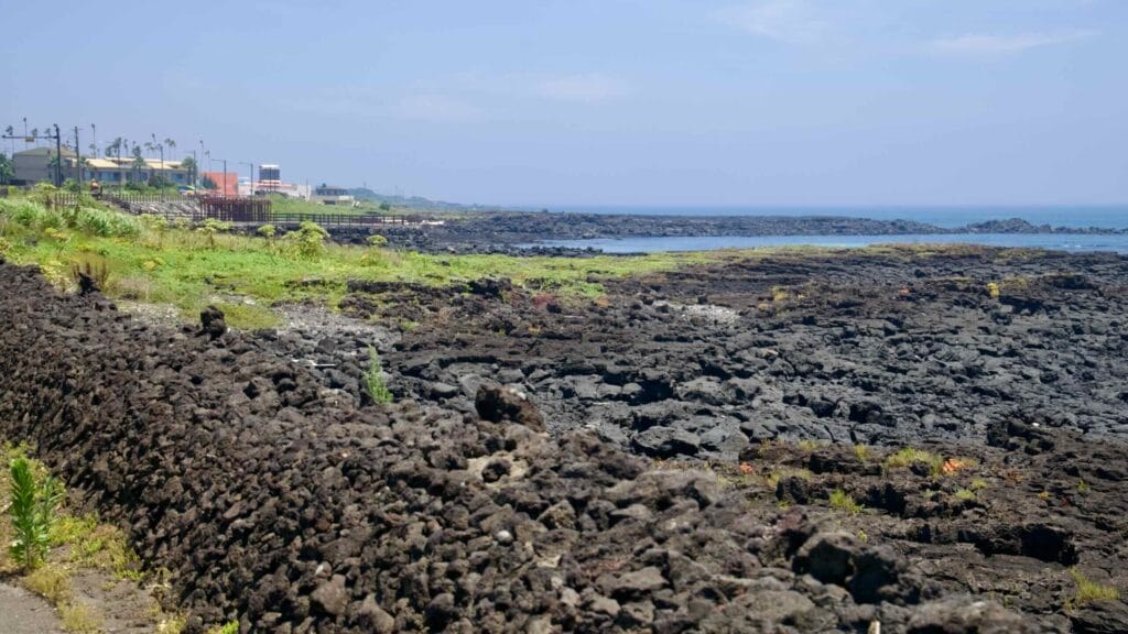 Basalt walls and lava flats meet the East Sea beside a small village on Jeju’s shore.