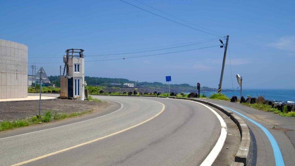 A curving seawall road with the blue cycling line tracks the rocky coast toward distant headlands.