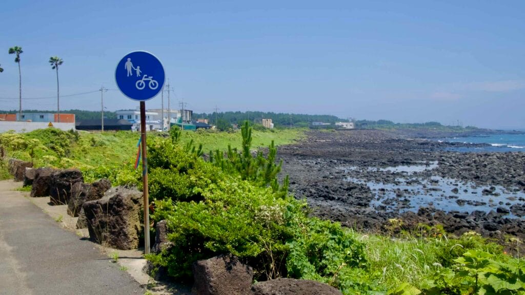A blue shared‑use path sign stands by basalt borders along Jeju’s lava shoreline.