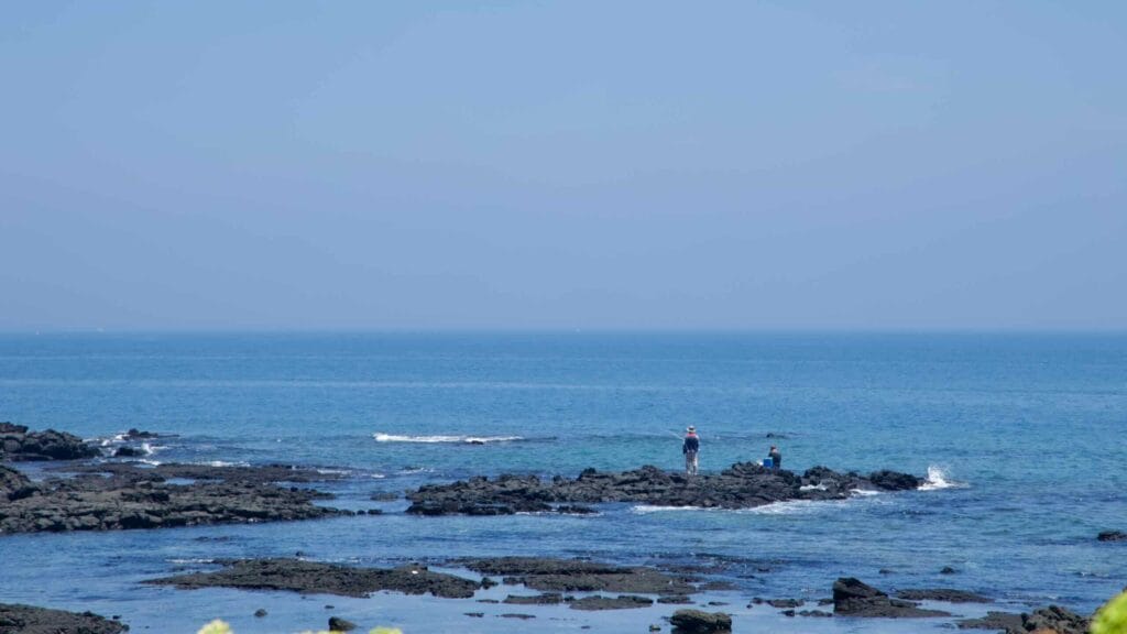 Anglers fish from exposed lava ledges at low tide.