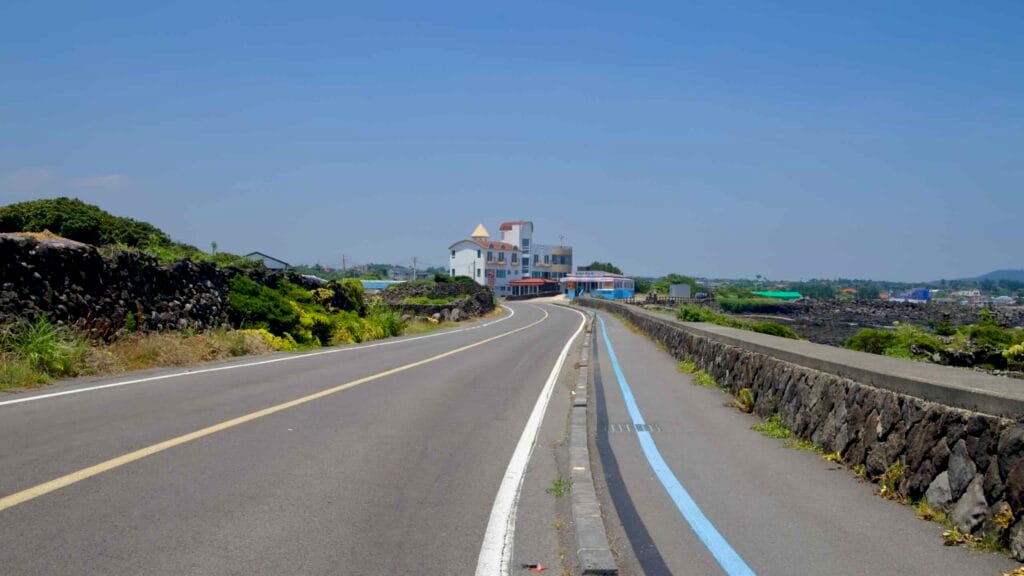 A blue‑lined bike lane curves toward a seaside village.