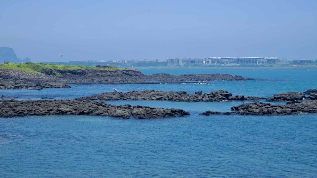 Lava shelves and tide pools line the Seopjikoji coast with distant resorts across the bay.