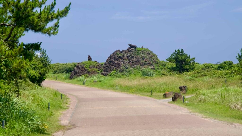 A narrow trail winds through Seopjikoji’s tall grasses and low pines toward the sea.