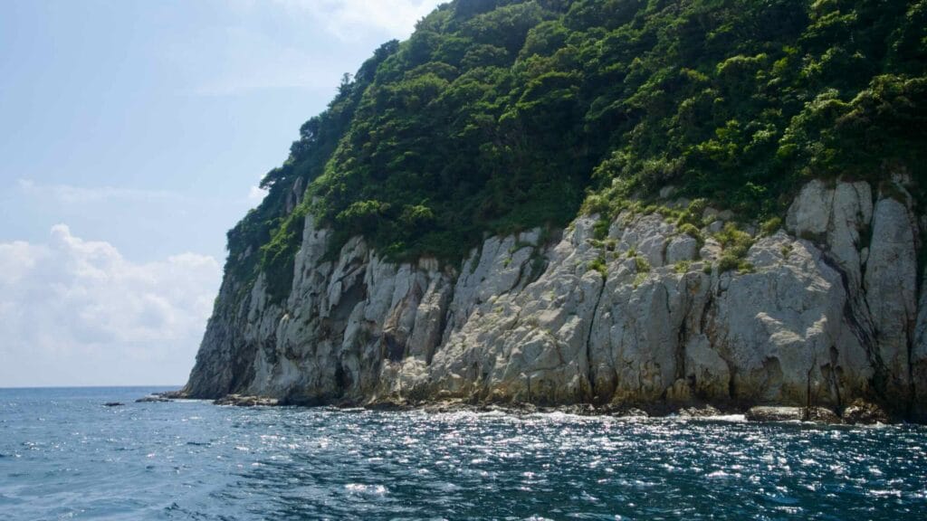 Forest meets pale cliffs along Munseom’s shoreline.