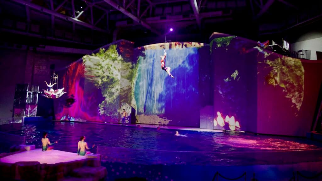 An aerial act soars above the Ocean Arena pool during the Aqua Planet Jeju show.