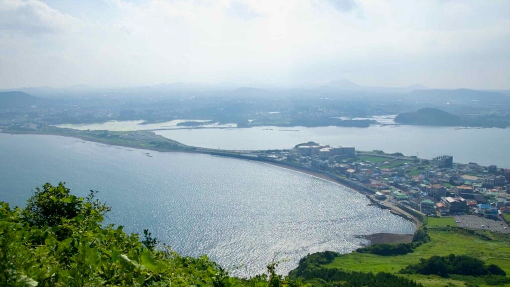 Sunlight shimmers across the bay and wetlands below Seongsan Ilchulbong’s ridge.