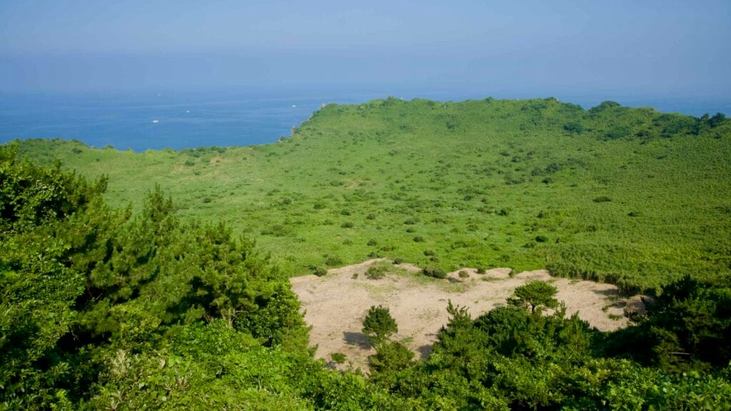 The grass-covered crater of Seongsan Ilchulbong spreads below.
