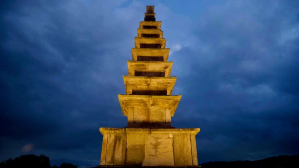Saejae Bike Path – Bike Chungju to Sangju – Chungju Central Towe Chungju’s Central Tower rises in warm light against a darkening sky at Jungangtap Park.