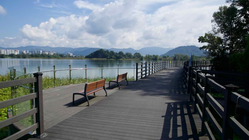 A viewing platform with benches on the Lake Uiam boardwalk faces distant mountains.